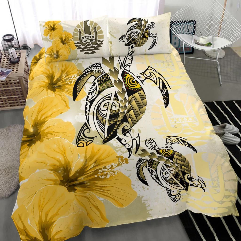 Polynesian Duvet Cover Set - Tahiti Bedding Set Polynesia Turtle Hibiscus Yellow
