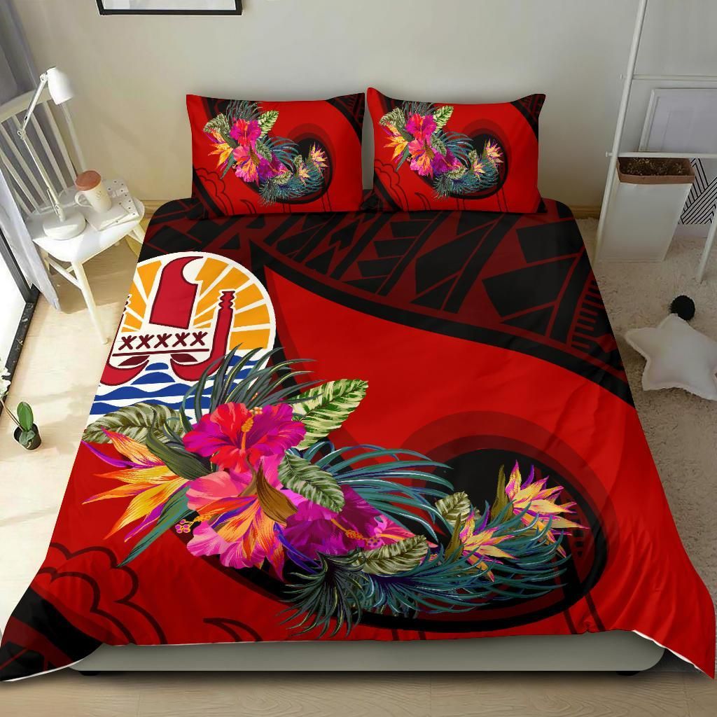 Tahiti Bedding Set - Polynesian Hook And Hibiscus (Red)