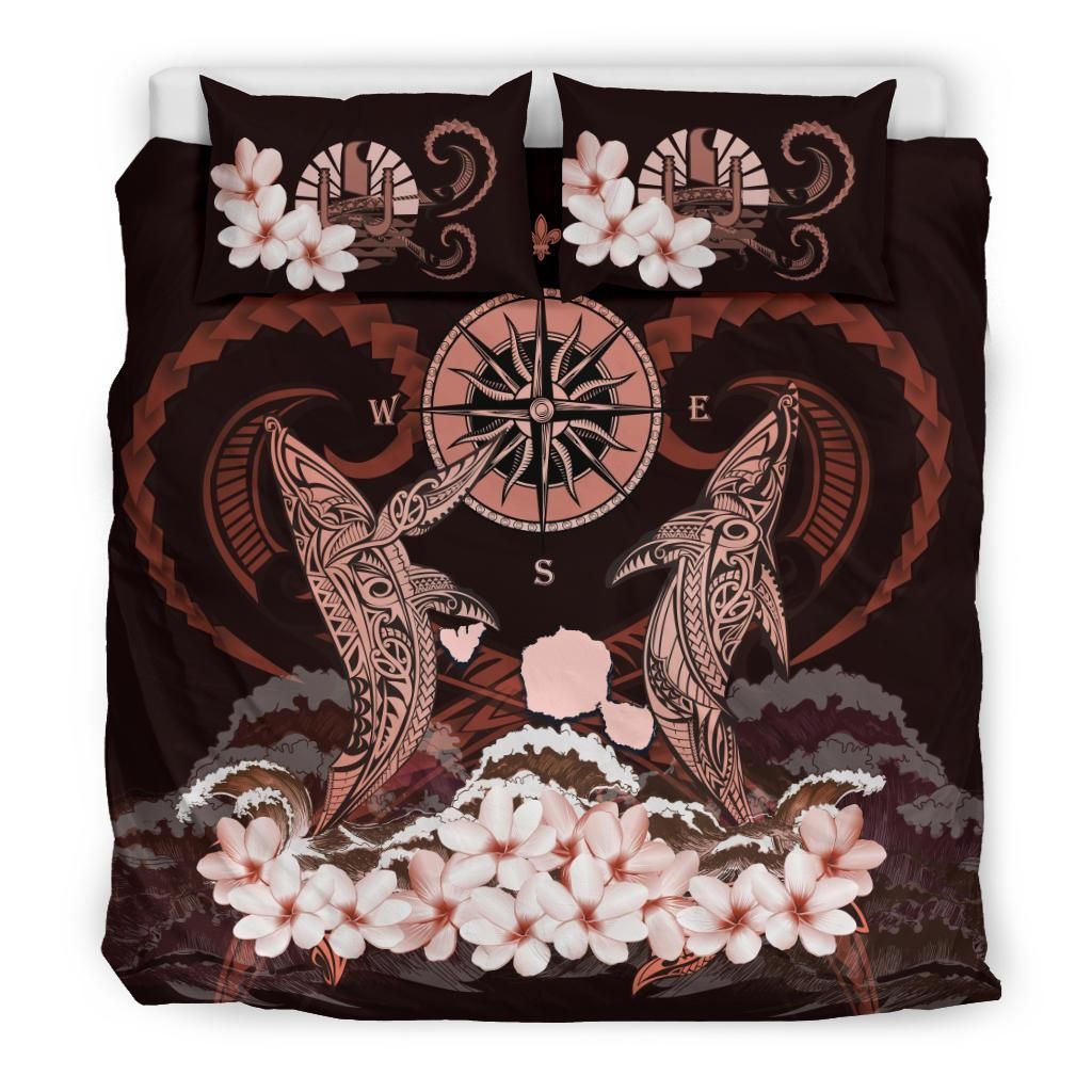 Polynesian Duvet Cover Set - Tahiti Bedding Set Shark Polynesia Compass Plumeria Pink