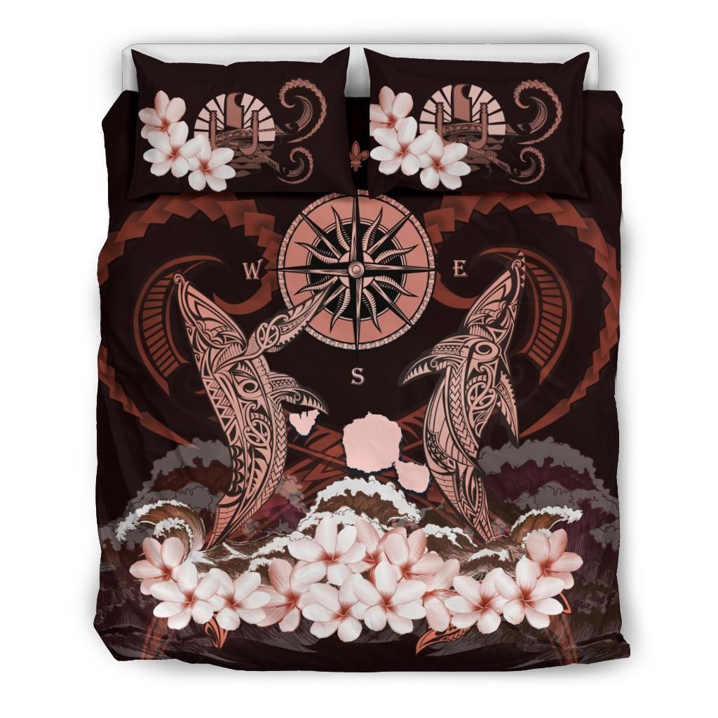 Polynesian Duvet Cover Set - Tahiti Bedding Set Shark Polynesia Compass Plumeria Pink