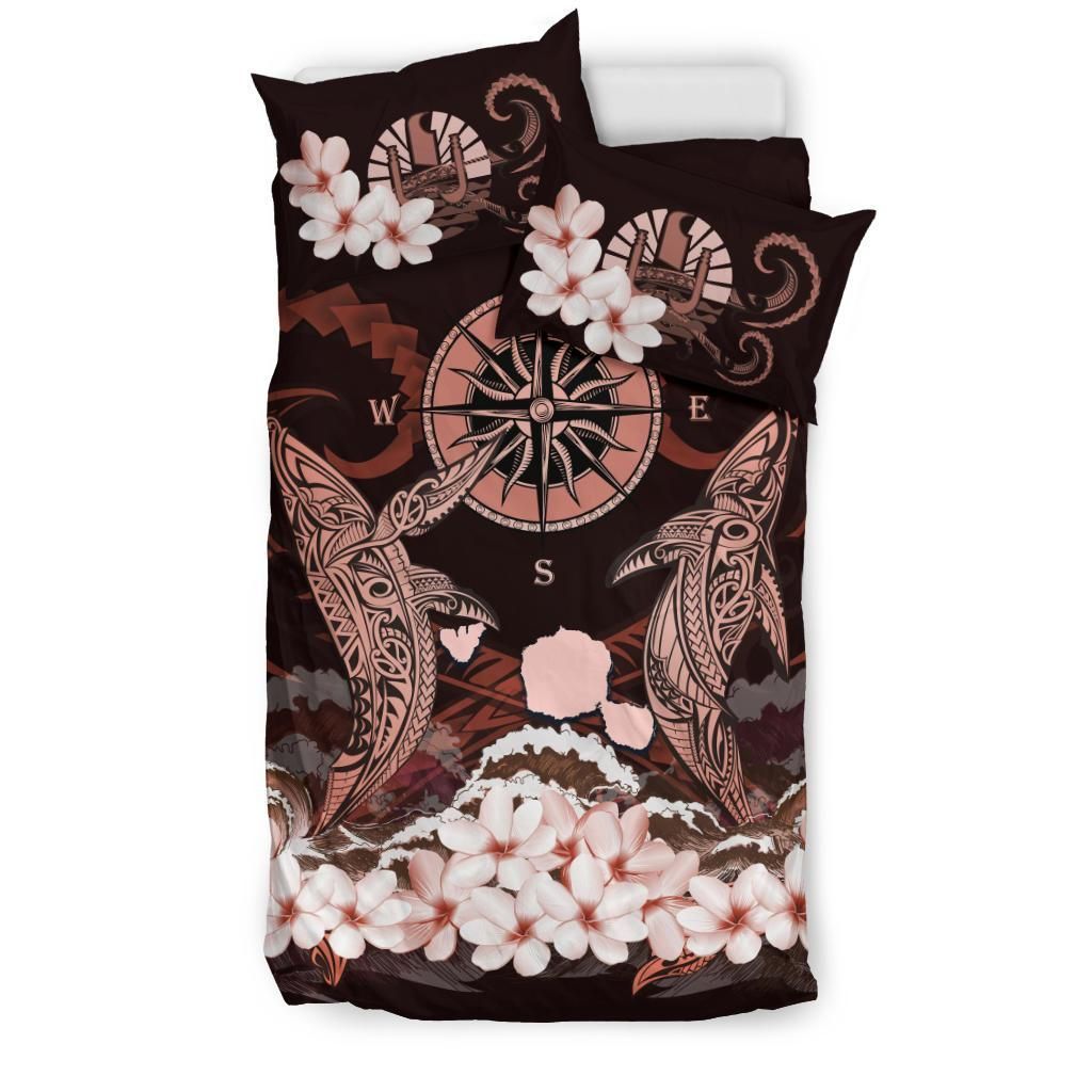 Polynesian Duvet Cover Set - Tahiti Bedding Set Shark Polynesia Compass Plumeria Pink