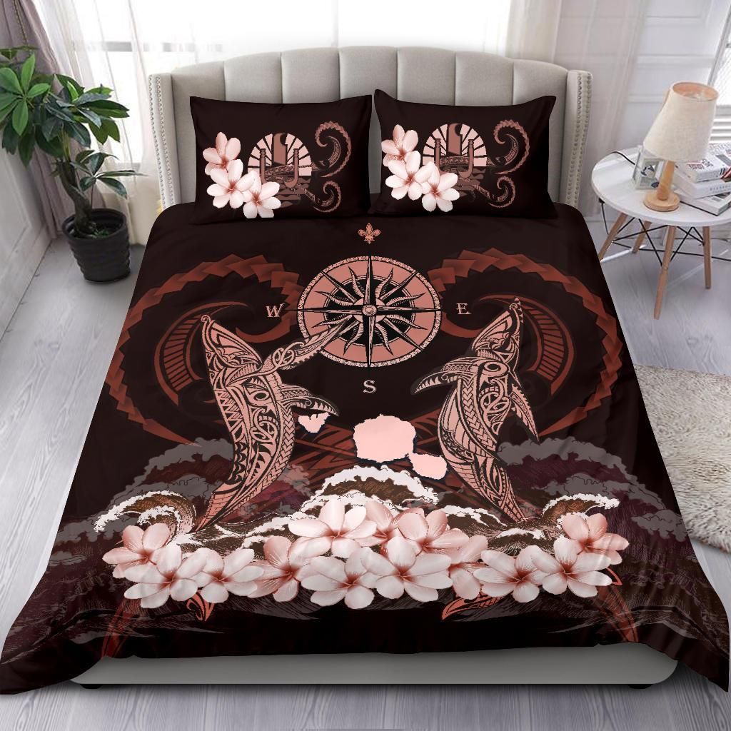 Polynesian Duvet Cover Set - Tahiti Bedding Set Shark Polynesia Compass Plumeria Pink