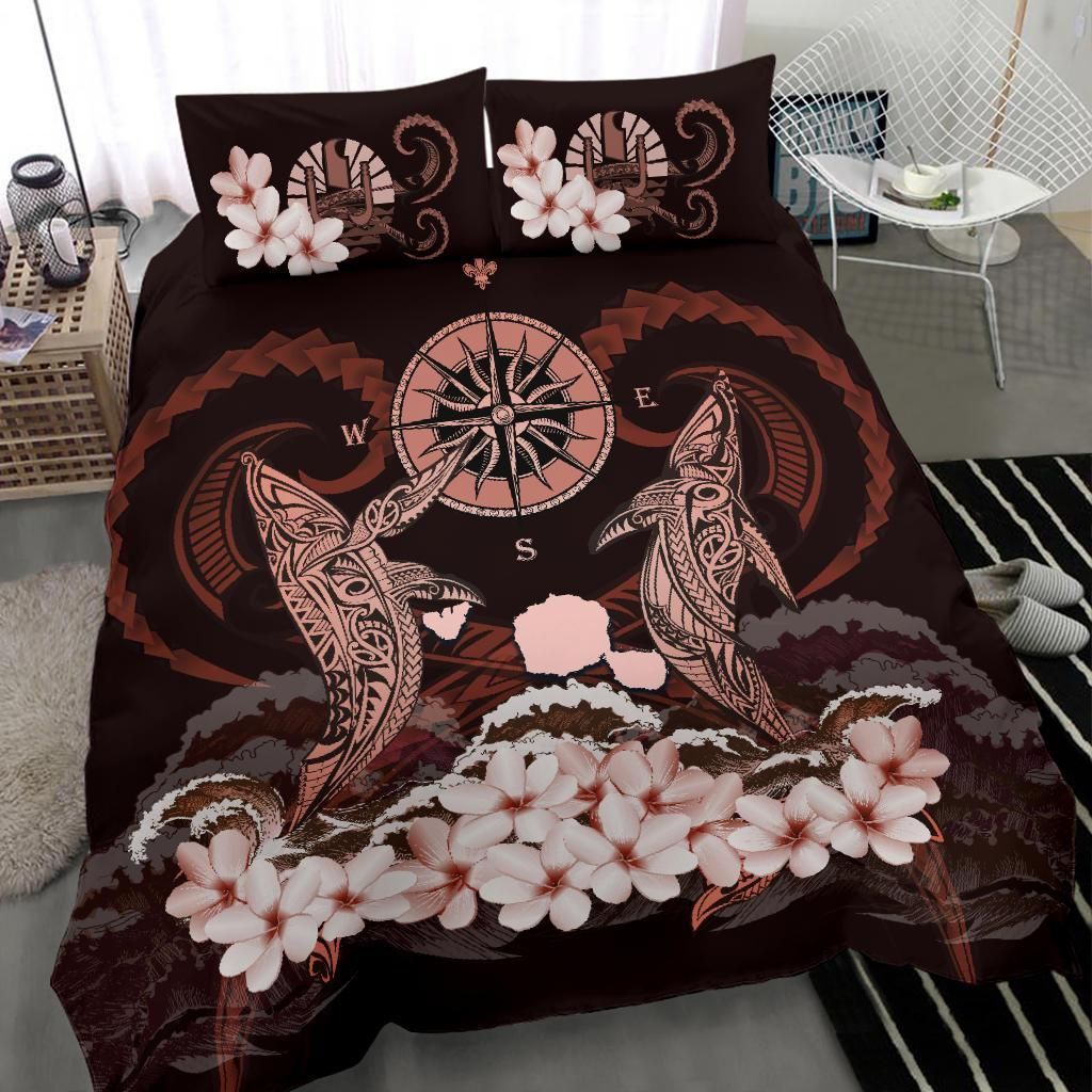 Polynesian Duvet Cover Set - Tahiti Bedding Set Shark Polynesia Compass Plumeria Pink