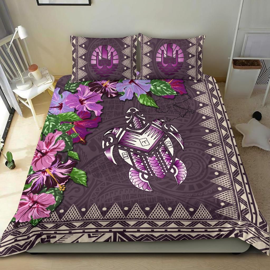 Polynesian Duvet Cover Set - Tahiti Bedding Set Turtle Hibiscus Purple