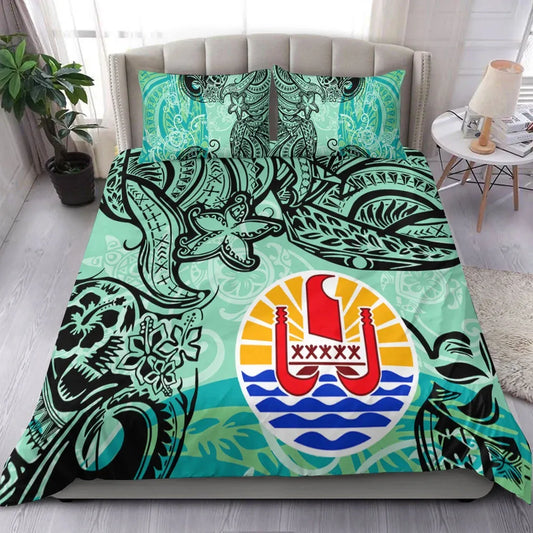 Tahiti Bedding Set - Vintage Floral Pattern Green Color