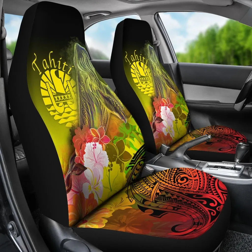 Tahiti Car Seat Covers - Humpback Whale with Tropical Flowers (Yellow)