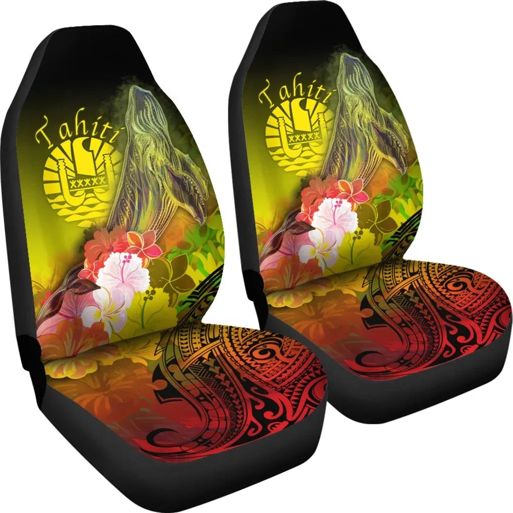 Tahiti Car Seat Covers - Humpback Whale with Tropical Flowers (Yellow)