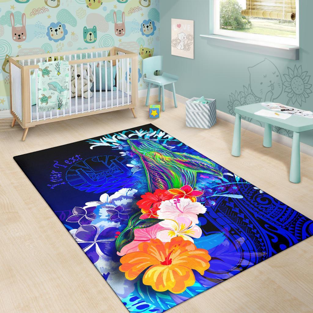 Tahiti Custom Personalised Area Rug - Humpback Whale with Tropical Flowers (Blue)