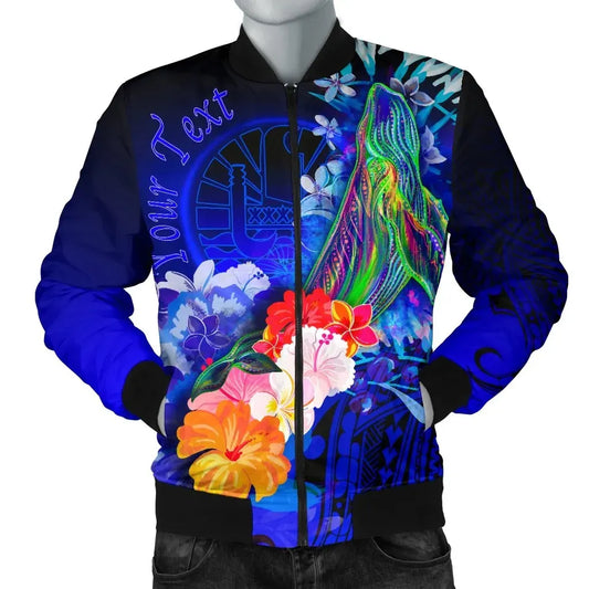 Tahiti Custom Personalised Bomber Jacket - Humpback Whale with Tropical Flowers (Blue)