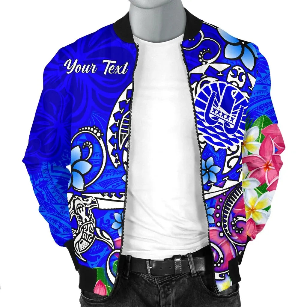 Tahiti Custom Personalised Bomber Jacket - Turtle Plumeria (Blue)