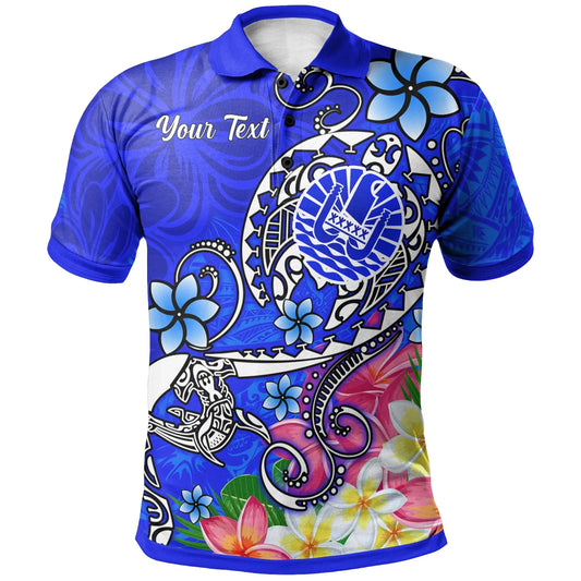 Tahiti Custom Personalised Polo Shirts - Turtle Plumeria (Blue)