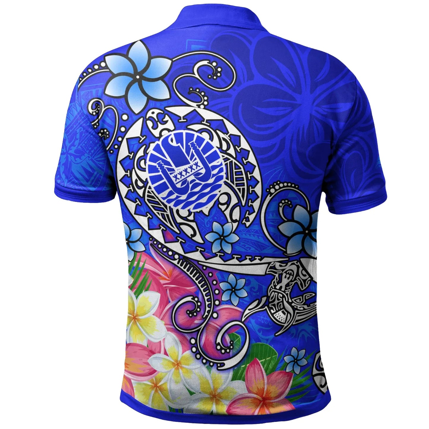 Tahiti Custom Personalised Polo Shirts - Turtle Plumeria (Blue)