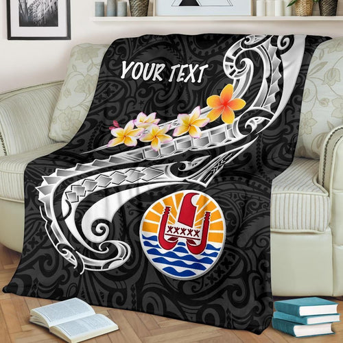 Tahiti Custom Personalised Premium Blanket - Tahiti Seal Polynesian Patterns Plumeria (Black)