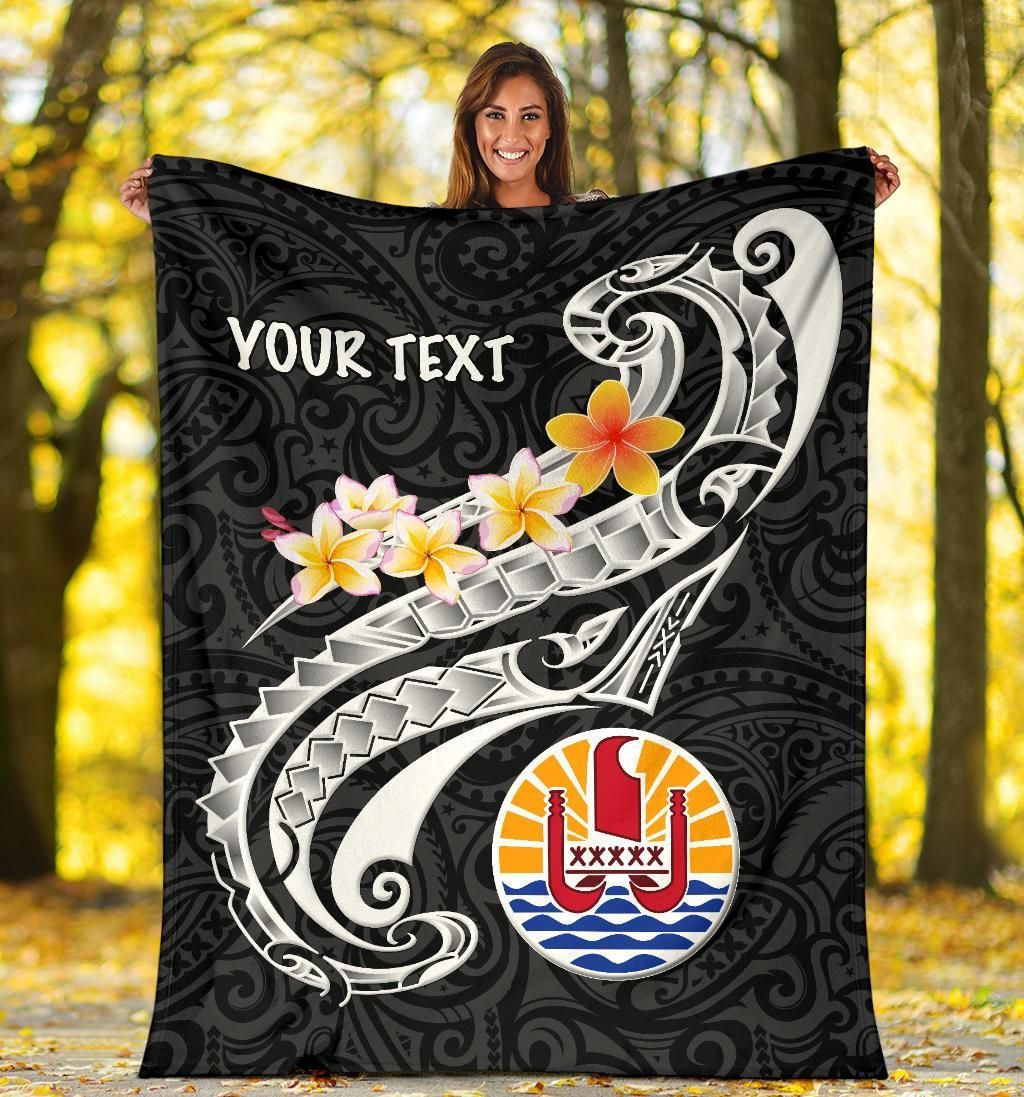 Tahiti Custom Personalised Premium Blanket - Tahiti Seal Polynesian Patterns Plumeria (Black)
