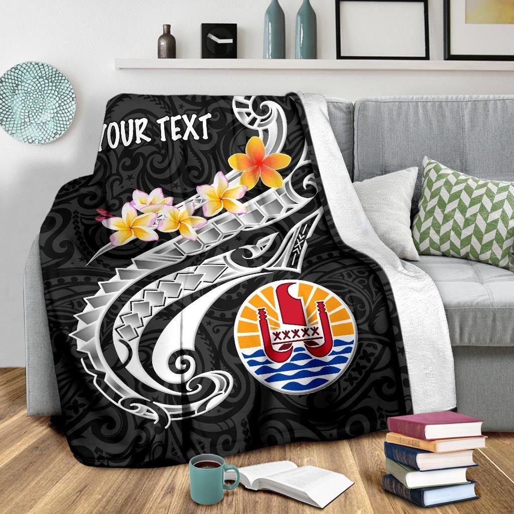 Tahiti Custom Personalised Premium Blanket - Tahiti Seal Polynesian Patterns Plumeria (Black)