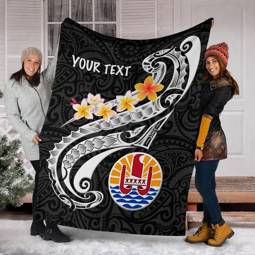 Tahiti Custom Personalised Premium Blanket - Tahiti Seal Polynesian Patterns Plumeria (Black)