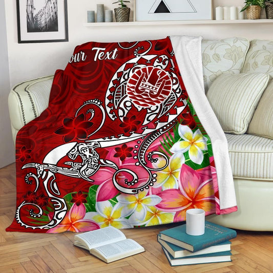 Tahiti Custom Personalised Premium Blanket - Turtle Plumeria (Red)