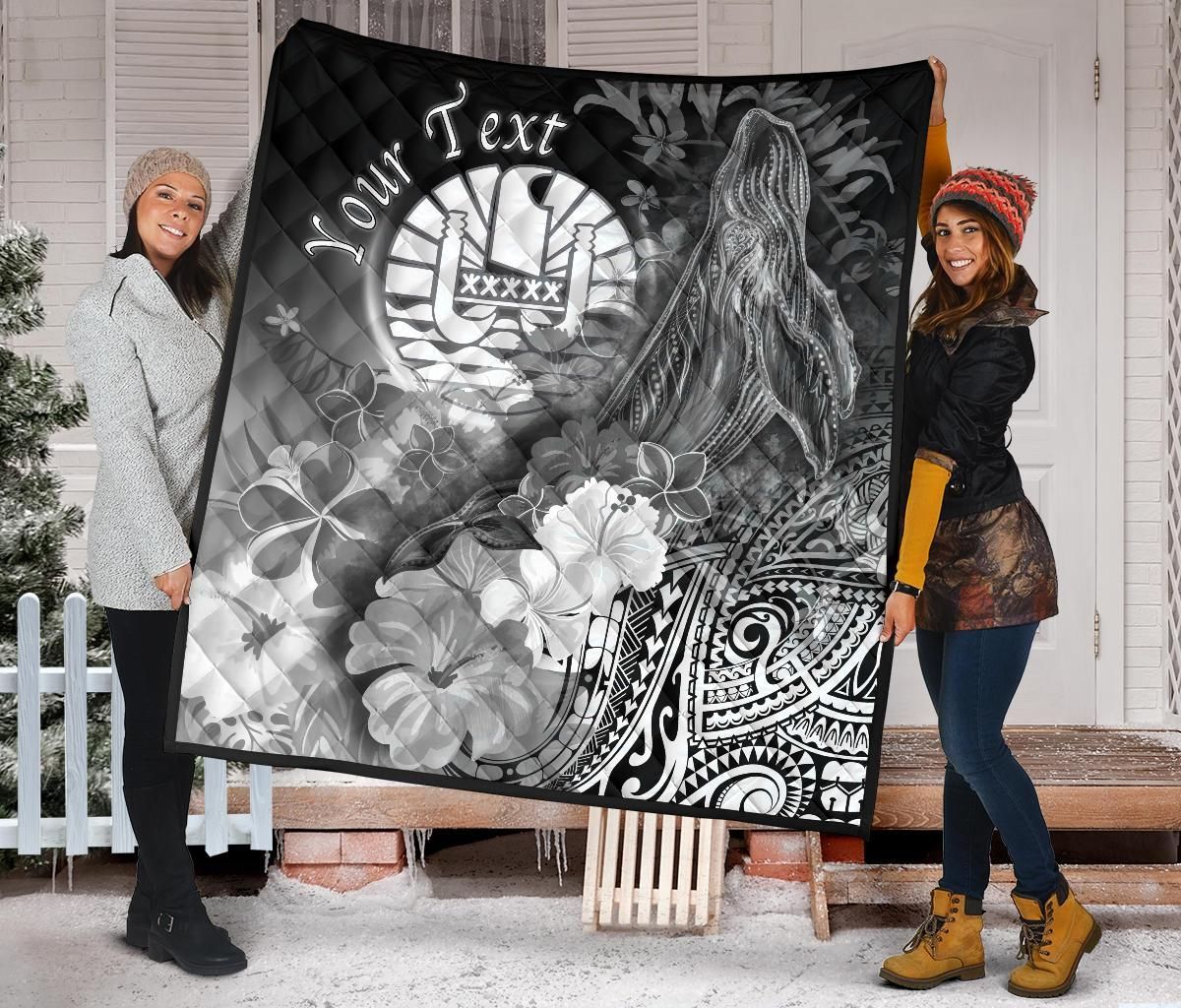 Tahiti Custom Personalised Premium Quilt - Humpback Whale with Tropical Flowers (White)