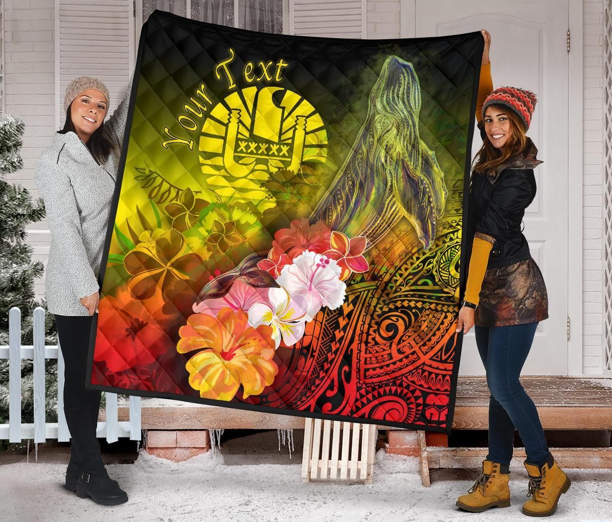 Tahiti Custom Personalised Premium Quilt - Humpback Whale with Tropical Flowers (Yellow)