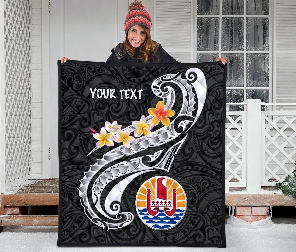 Tahiti Custom Personalised Premium Quilt - Tahiti Seal Polynesian Patterns Plumeria (Black)