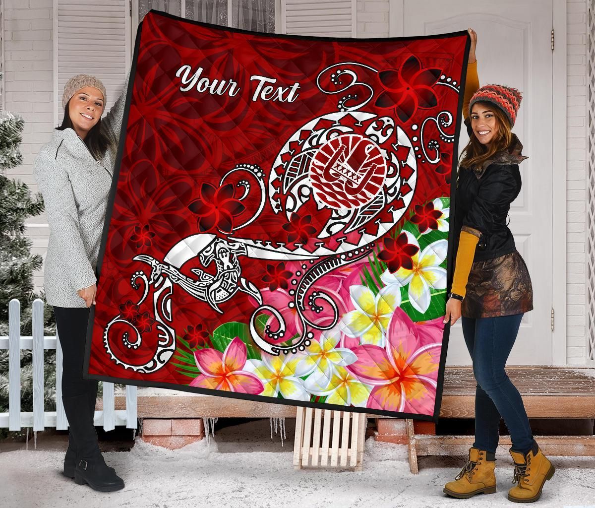 Tahiti Custom Personalised Premium Quilt - Turtle Plumeria (Red)
