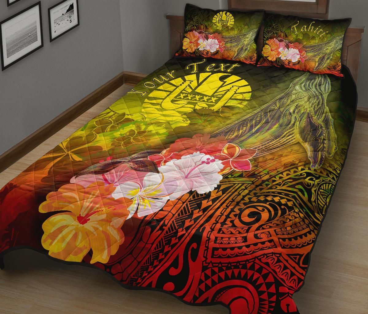 Tahiti Custom Personalised Quilt Bed Set - Humpback Whale with Tropical Flowers (Yellow)