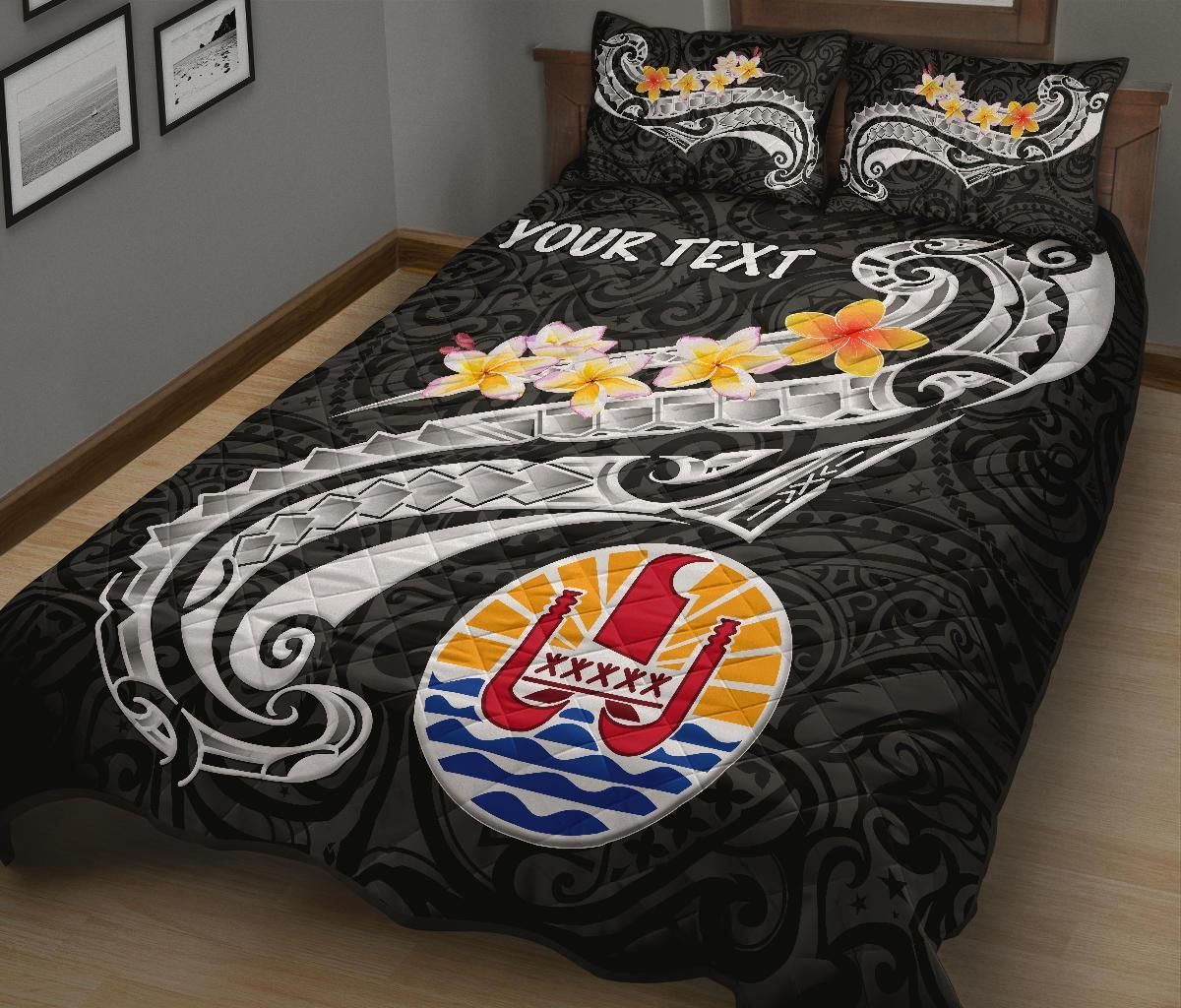Tahiti Custom Personalised Quilt Bed Set - Tahiti Seal Polynesian Patterns Plumeria (Black)