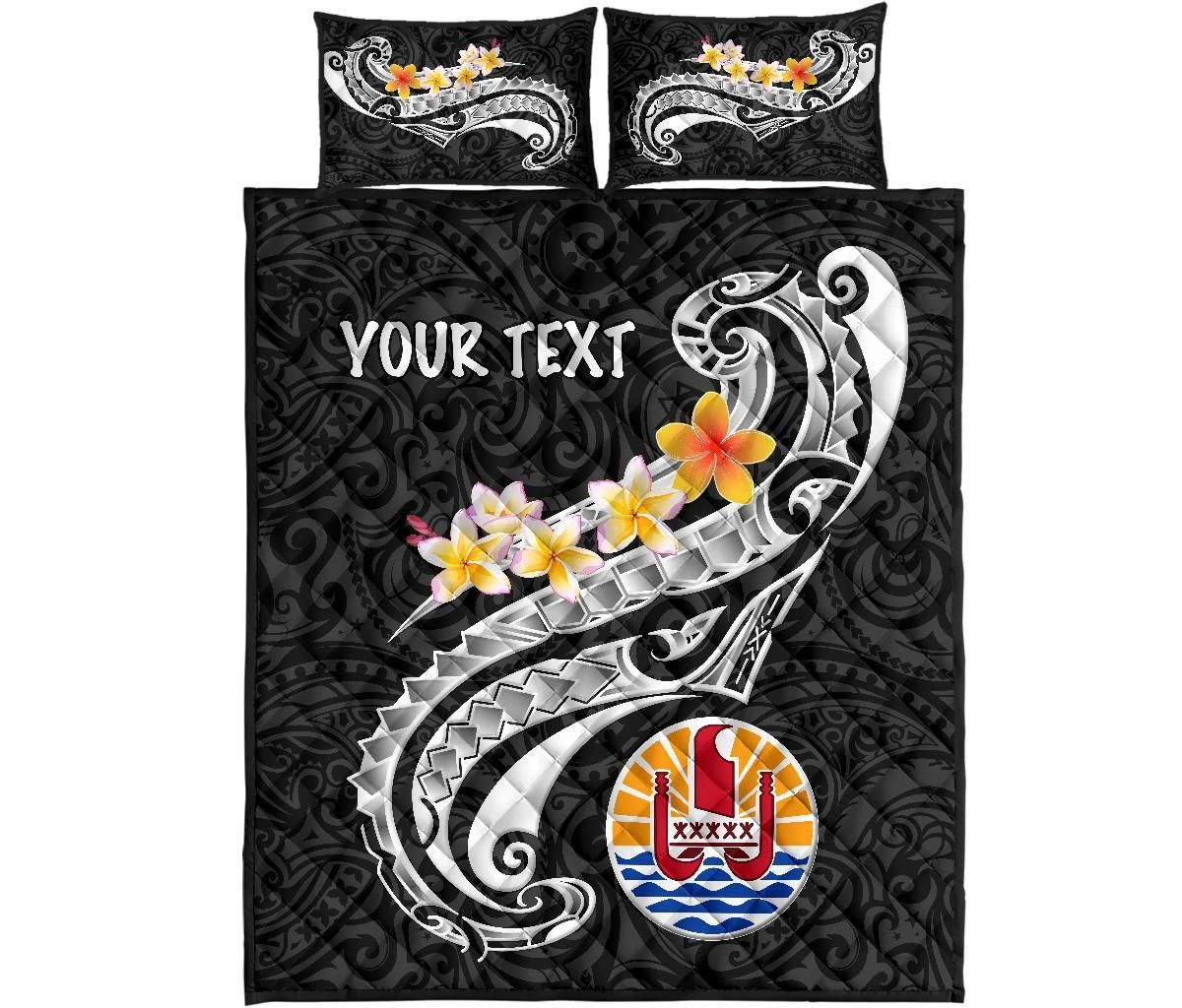Tahiti Custom Personalised Quilt Bed Set - Tahiti Seal Polynesian Patterns Plumeria (Black)