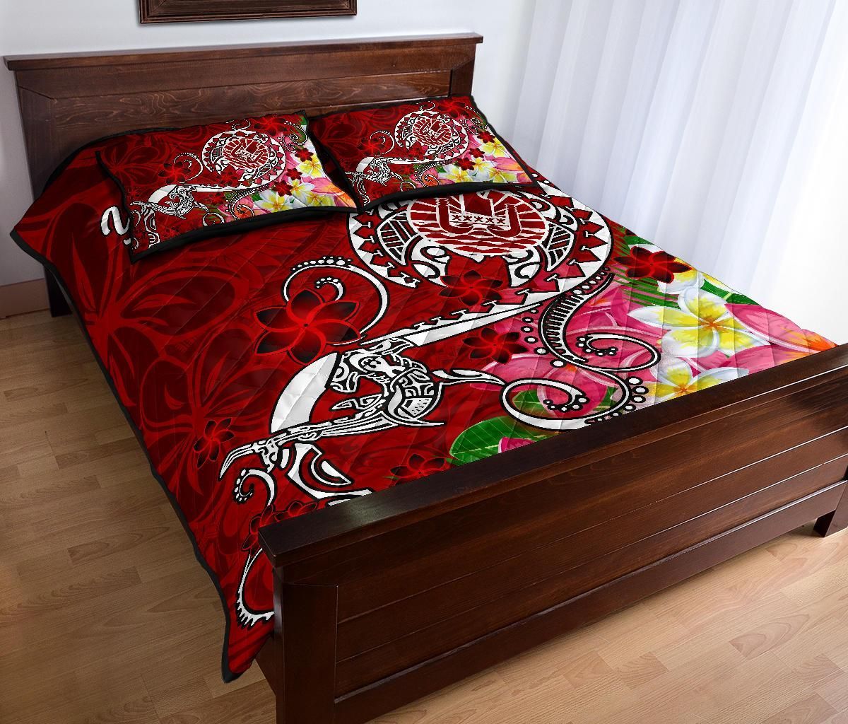 Tahiti Custom Personalised Quilt Bed Set - Turtle Plumeria (Red)
