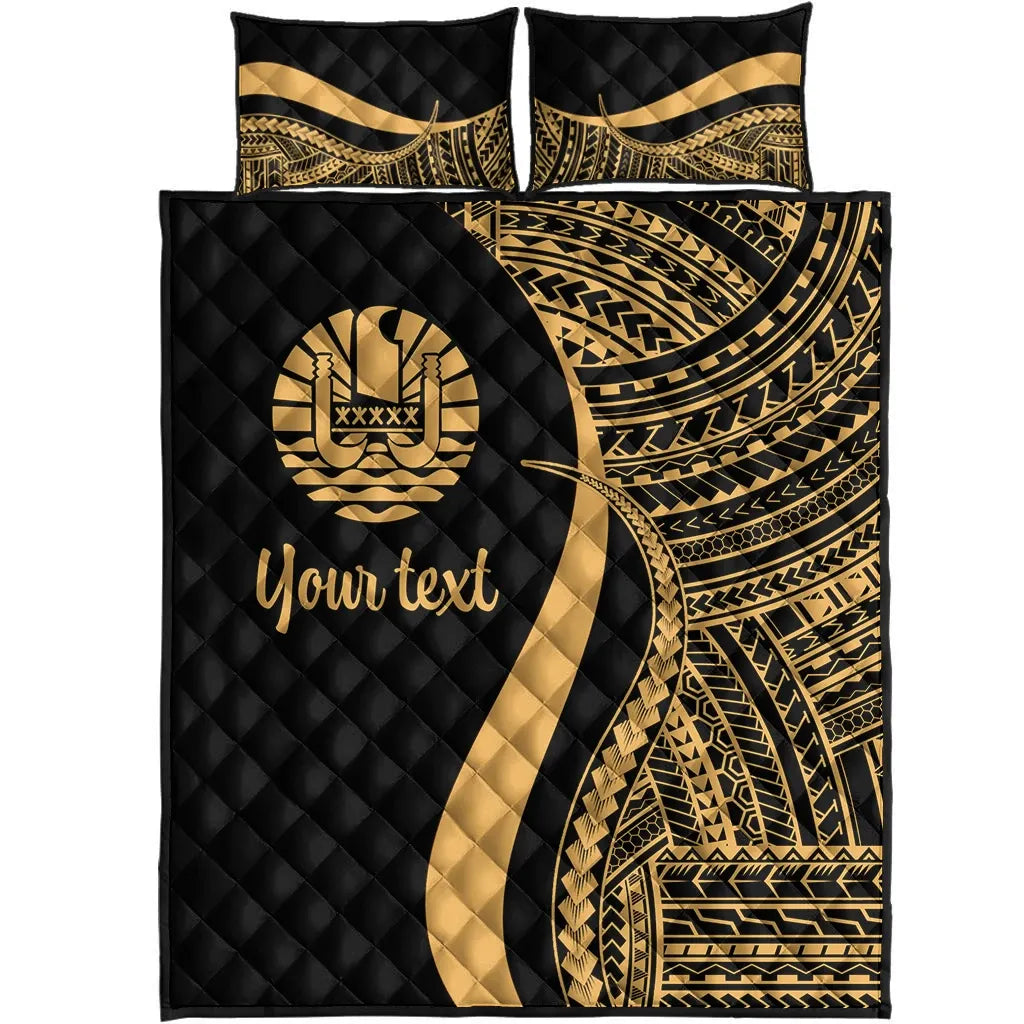 Tahiti Custom Personalised Quilt Bed Set - Gold Polynesian Tentacle Tribal Pattern