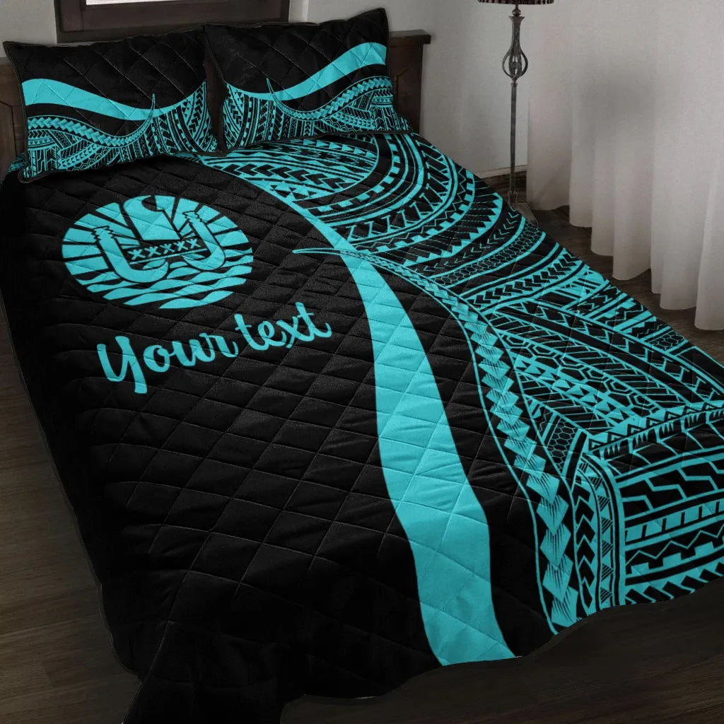 Tahiti Custom Personalised Quilt Bed Set - Turquoise Polynesian Tentacle Tribal Pattern