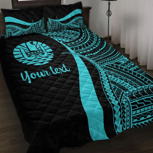 Tahiti Custom Personalised Quilt Bed Set - Turquoise Polynesian Tentacle Tribal Pattern