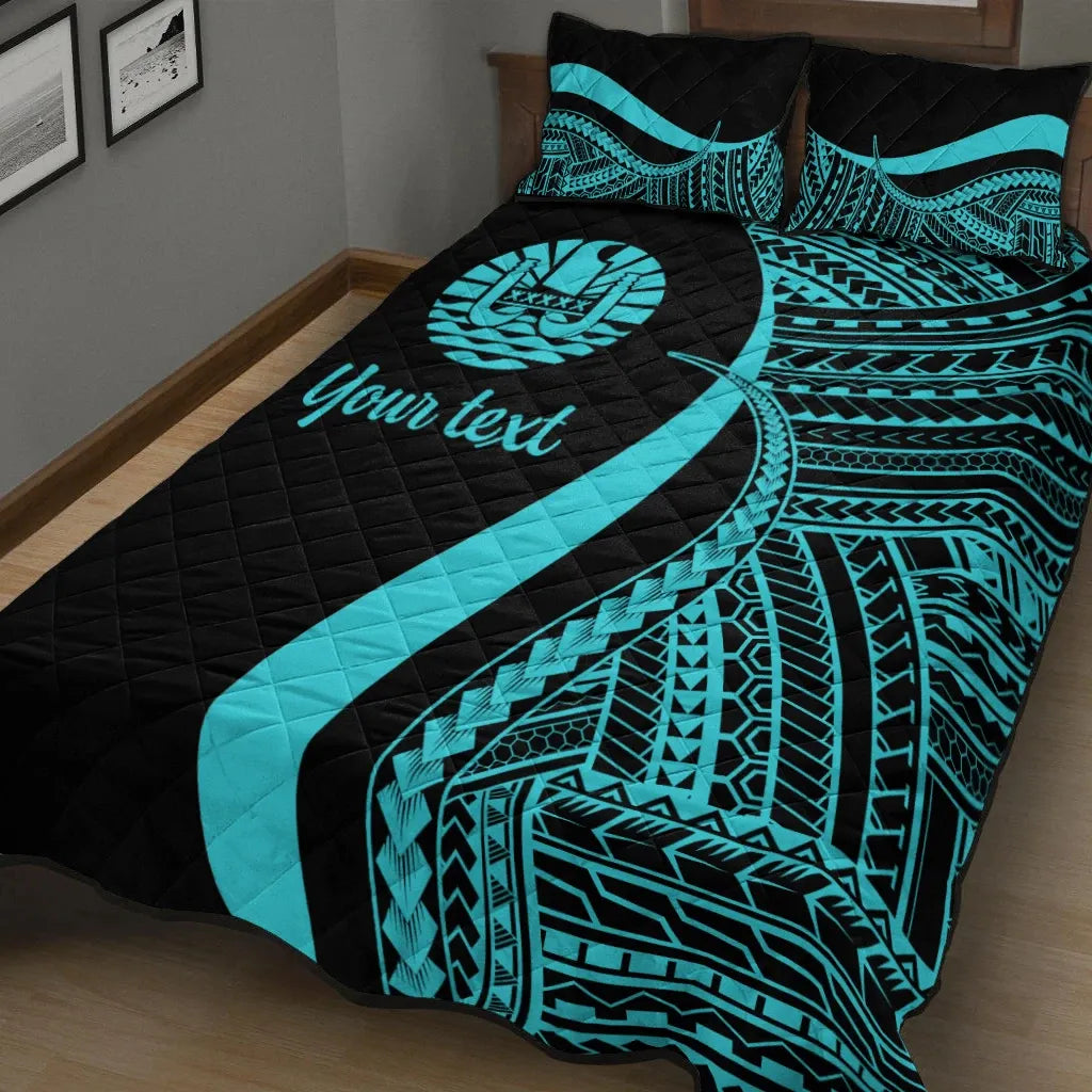 Tahiti Custom Personalised Quilt Bed Set - Turquoise Polynesian Tentacle Tribal Pattern
