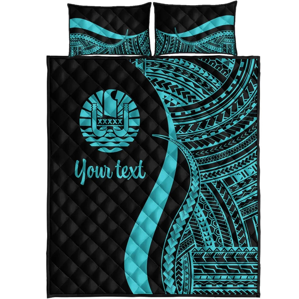 Tahiti Custom Personalised Quilt Bed Set - Turquoise Polynesian Tentacle Tribal Pattern