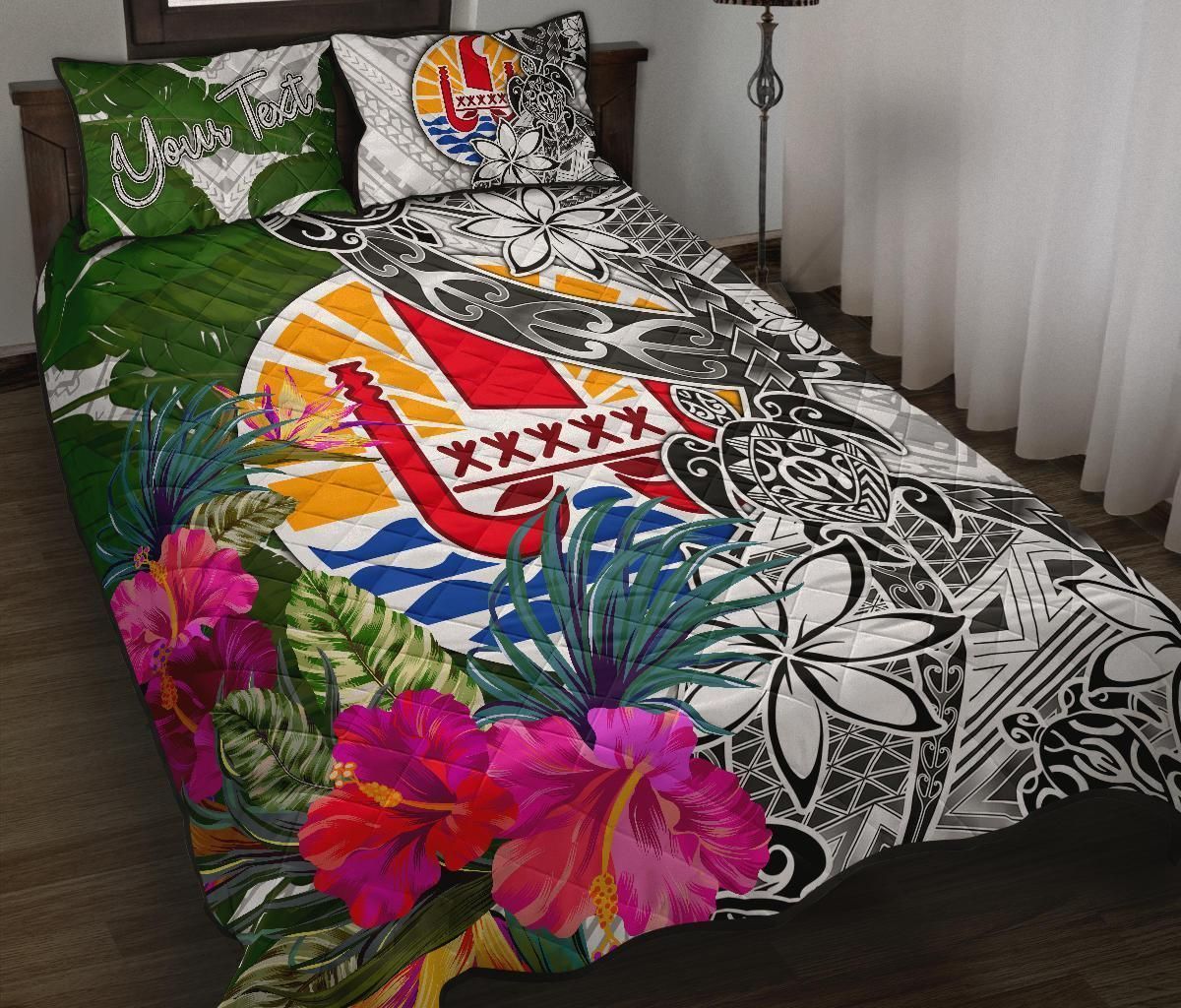 Tahiti Custom Personalised Quilt Bed Set White - Turtle Plumeria Banana Leaf
