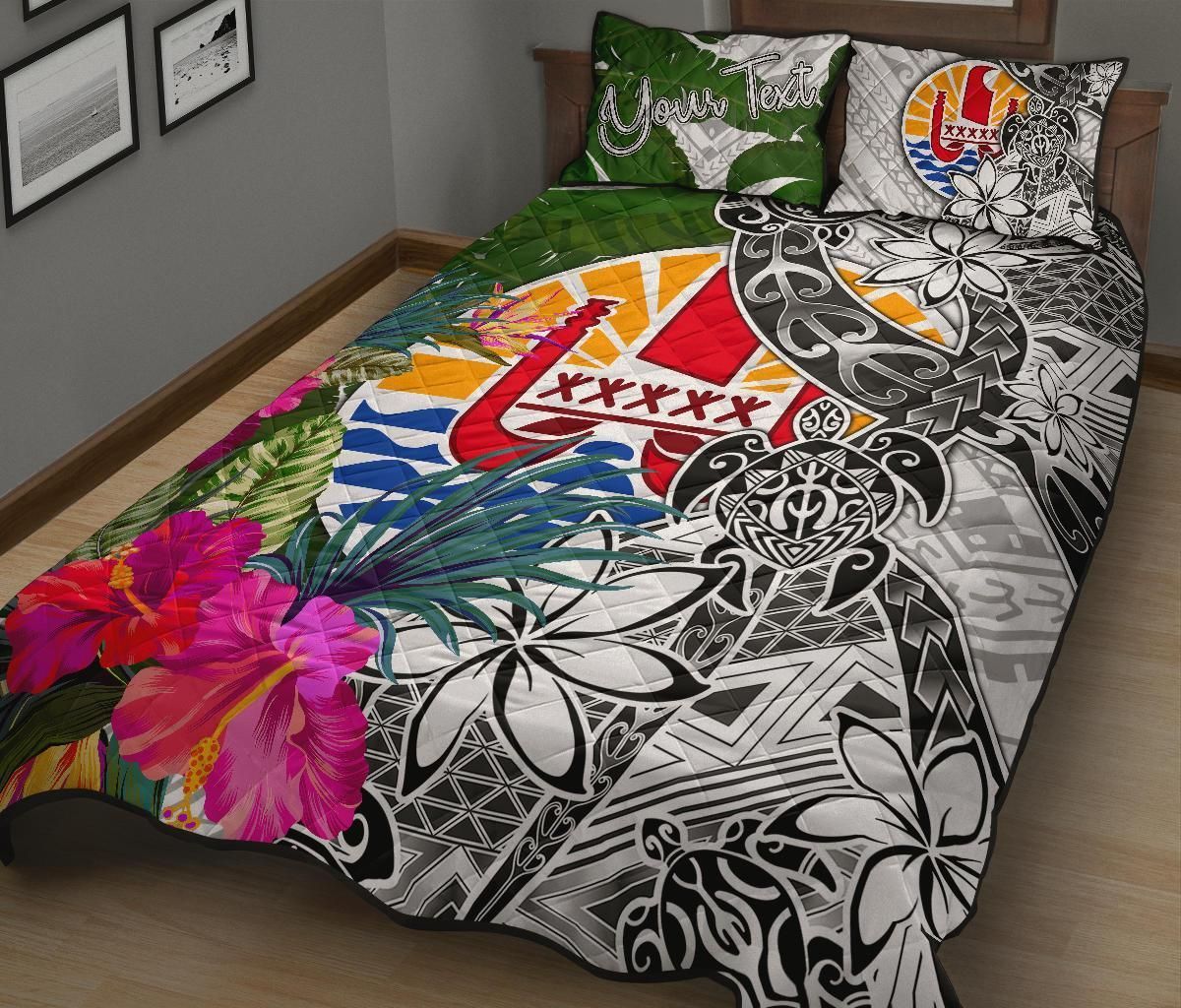 Tahiti Custom Personalised Quilt Bed Set White - Turtle Plumeria Banana Leaf