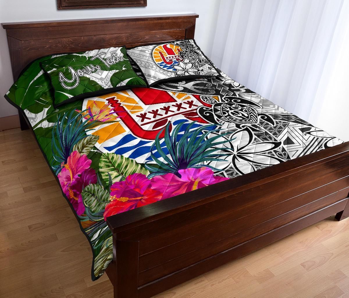 Tahiti Custom Personalised Quilt Bed Set White - Turtle Plumeria Banana Leaf