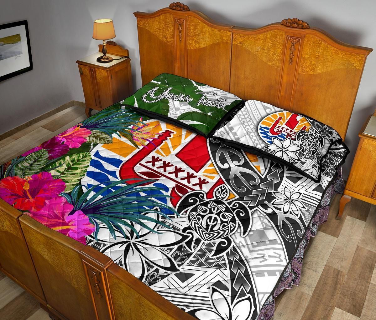 Tahiti Custom Personalised Quilt Bed Set White - Turtle Plumeria Banana Leaf