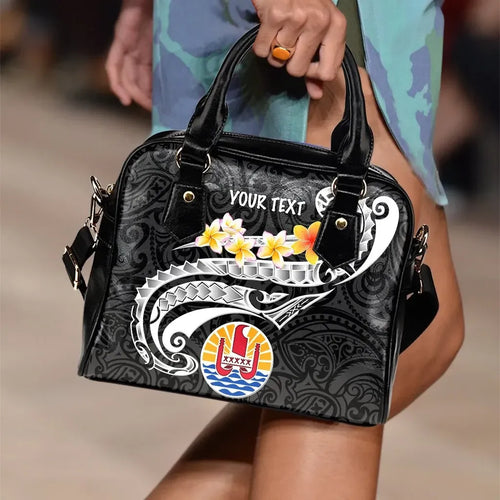 Tahiti Custom Personalised Shoulder Handbag - Tahiti Seal Polynesian Patterns Plumeria (Black)