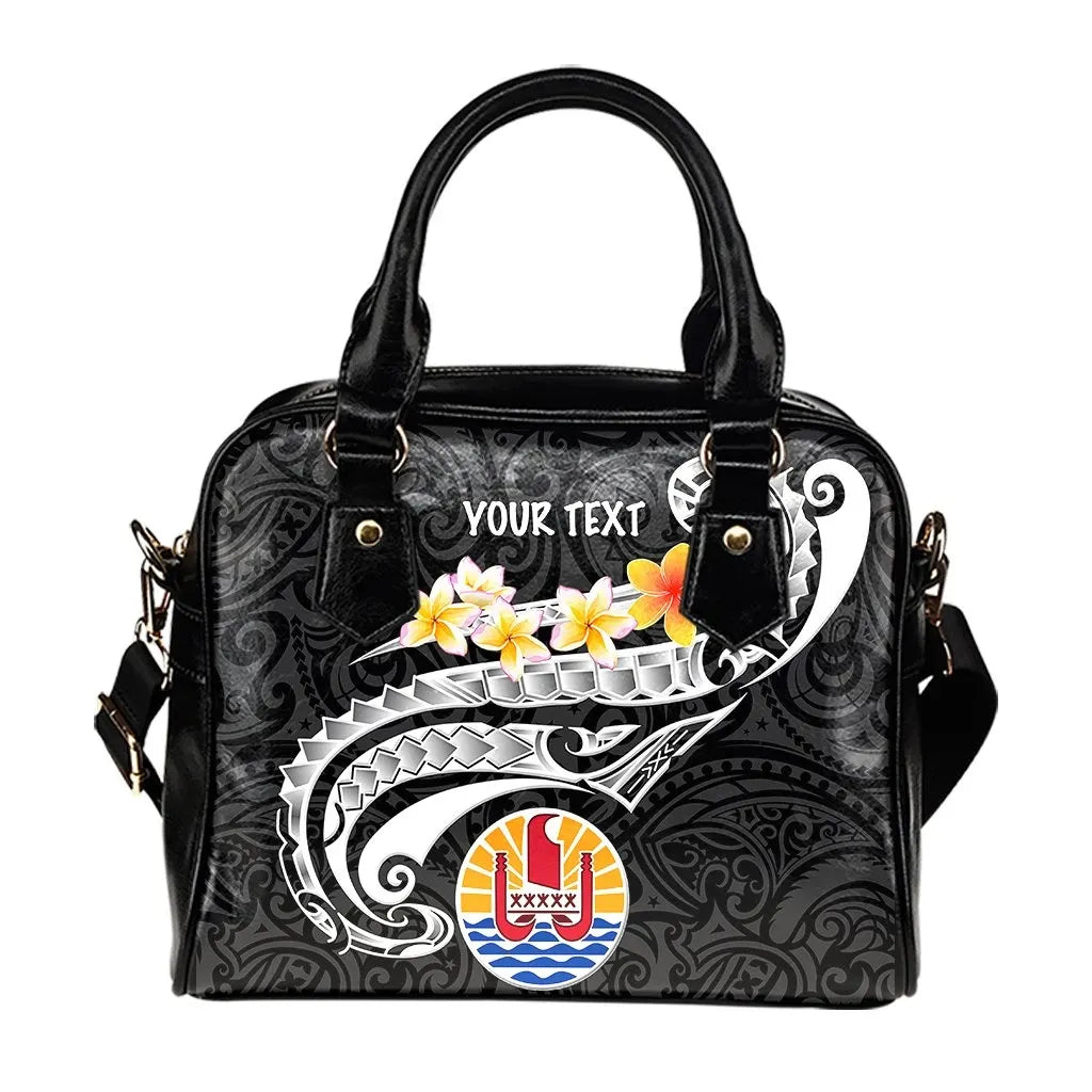 Tahiti Custom Personalised Shoulder Handbag - Tahiti Seal Polynesian Patterns Plumeria (Black)