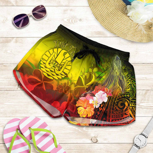 Tahiti Custom Personalised Women Shorts - Humpback Whale with Tropical Flowers (Yellow)