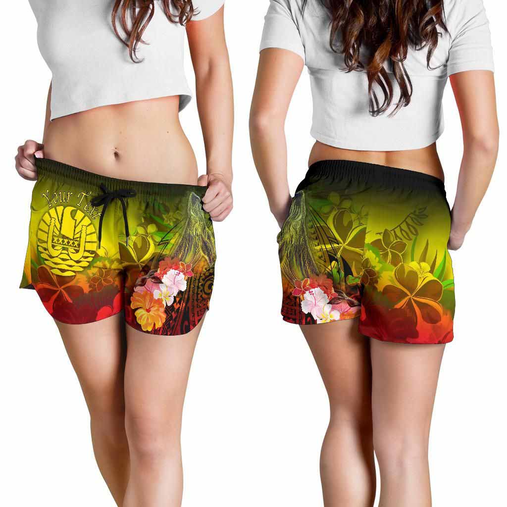 Tahiti Custom Personalised Women Shorts - Humpback Whale with Tropical Flowers (Yellow)