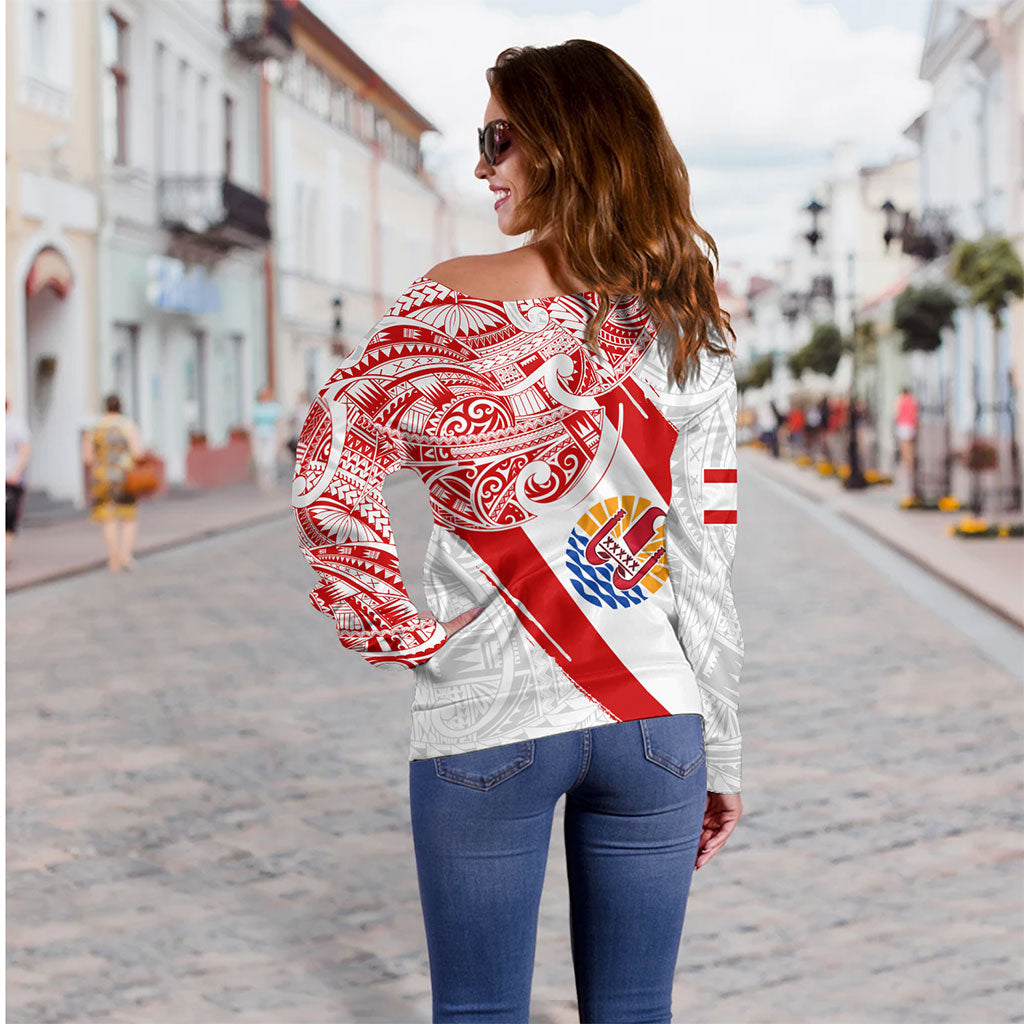 Tahiti Off Shoulder Sweatshirt Tribal Traditional Flag