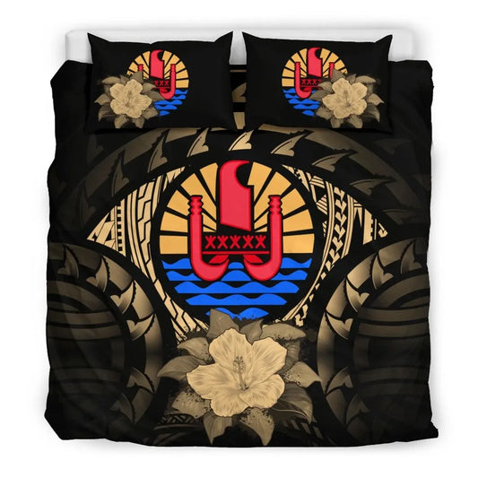 Tahiti Duvet Cover Set - Tahiti Flag & Gold Hibiscus