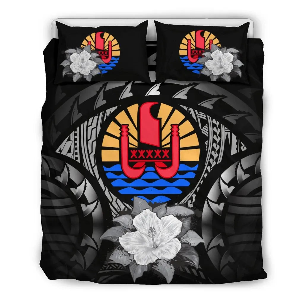 Tahiti Duvet Cover Set - Tahiti Flag & Gray Hibiscus