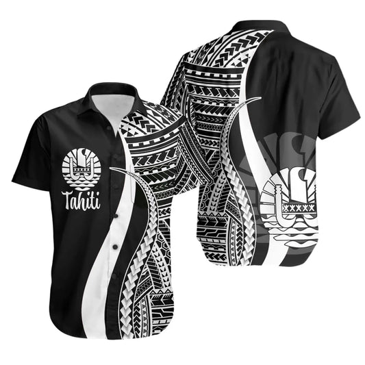 Tahiti Short Sleeve Shirt - White Polynesian Tentacle Tribal Pattern