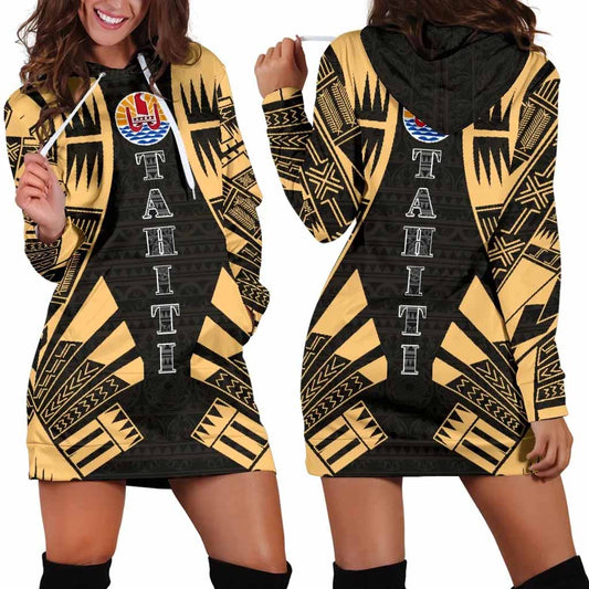 Tahiti Hoodie Dress - Polynesian Tattoo Gold