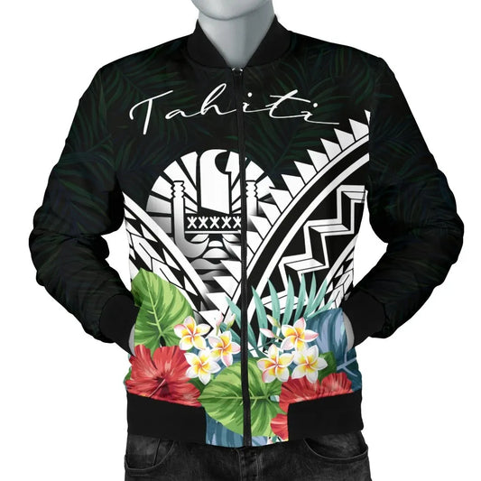Tahiti Bomber Jacket - Tahiti Caledonia Coat of Arms & Polynesian Tropical Flowers White