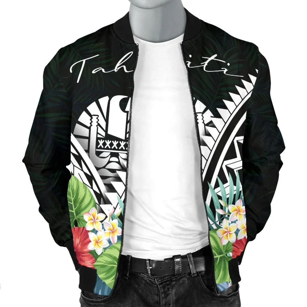 Tahiti Bomber Jacket - Tahiti Caledonia Coat of Arms & Polynesian Tropical Flowers White