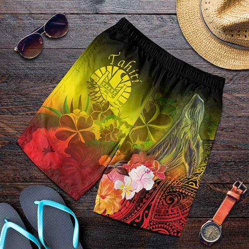 Tahiti Men Shorts - Humpback Whale with Tropical Flowers (Yellow)